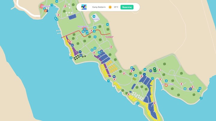 Karte von Campingplatz Baldarin mit verschiedenen Einrichtungen und Wegen
