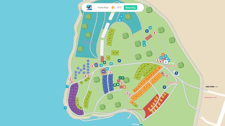 Map of Camping Bijar showing various facilities and paths