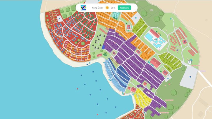 Mappa del Campeggio Čikat che mostra varie strutture e percorsi