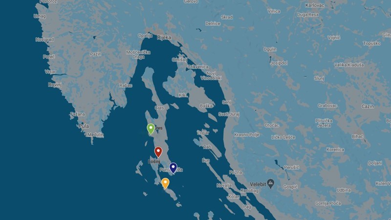 Karte mit Hervorhebung von Slatina Bijar Baldarin und Cikat auf den Inseln Cres und Losinj